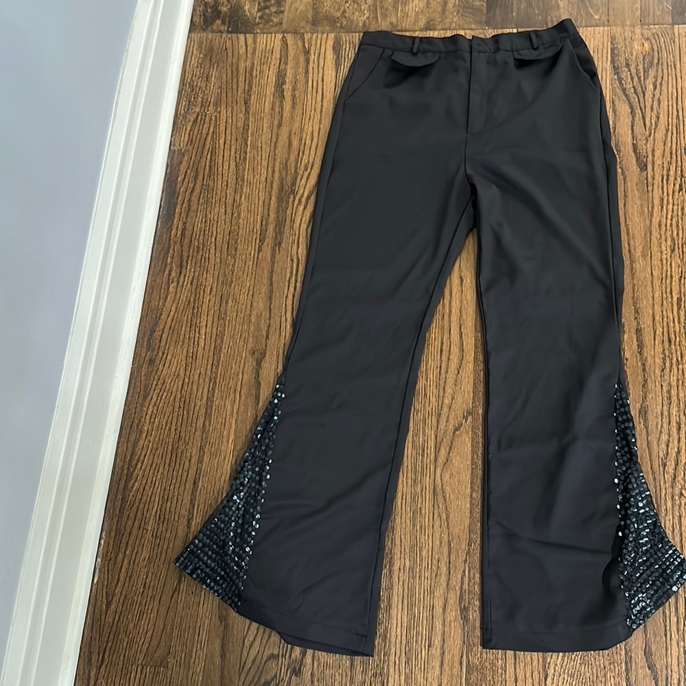 Black Sequins Bell Bottom Dress Costume Pants With Pockets Size XL